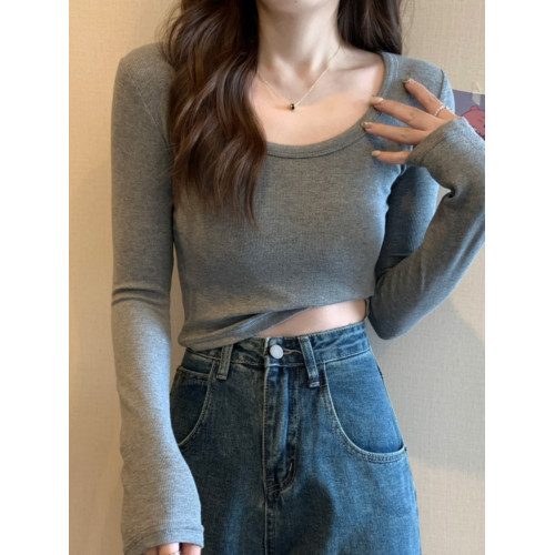 長袖t恤女2025低領百搭秋冬季螺紋棉正肩緊身U領打底衫磨毛上衣女 長袖t恤女2025低領百搭秋冬季螺紋棉正肩緊身U領打底衫磨毛上衣女