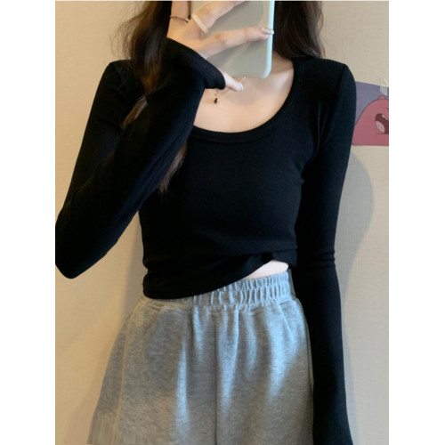 長袖t恤女2025低領百搭秋冬季螺紋棉正肩緊身U領打底衫磨毛上衣女 長袖t恤女2025低領百搭秋冬季螺紋棉正肩緊身U領打底衫磨毛上衣女