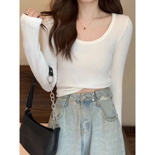 長袖t恤女2025低領百搭秋冬季螺紋棉正肩緊身U領打底衫磨毛上衣女 長袖t恤女2025低領百搭秋冬季螺紋棉正肩緊身U領打底衫磨毛上衣女