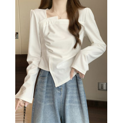 大碼微胖法式設計感方領不規則打底衫春秋胖妹妹氣質修身顯瘦上衣