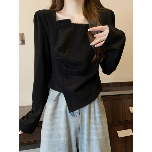 大碼微胖法式設計感方領不規則打底衫春秋胖妹妹氣質修身顯瘦上衣 大碼微胖法式設計感方領不規則打底衫春秋胖妹妹氣質修身顯瘦上衣