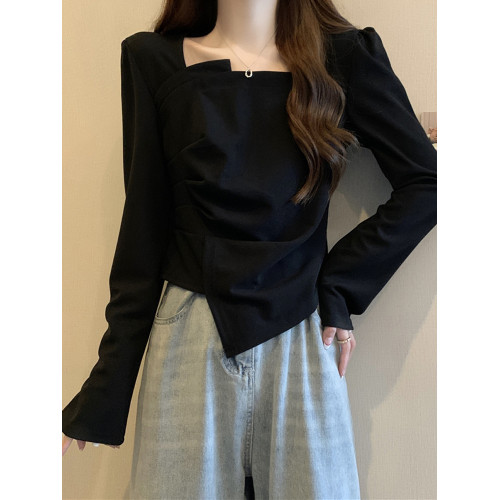 大碼微胖法式設計感方領不規則打底衫春秋胖妹妹氣質修身顯瘦上衣 大碼微胖法式設計感方領不規則打底衫春秋胖妹妹氣質修身顯瘦上衣