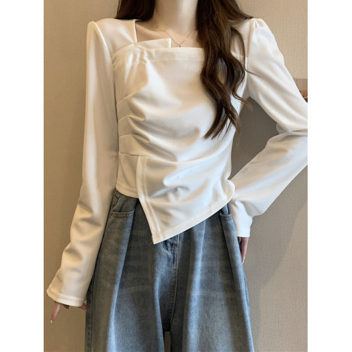 大碼微胖法式設計感方領不規則打底衫春秋胖妹妹氣質修身顯瘦上衣 大碼微胖法式設計感方領不規則打底衫春秋胖妹妹氣質修身顯瘦上衣