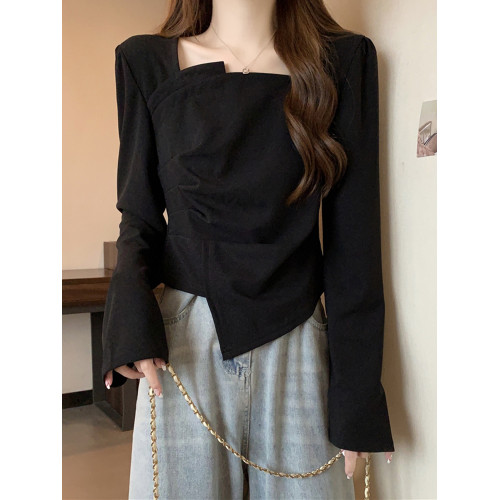 大碼微胖法式設計感方領不規則打底衫春秋胖妹妹氣質修身顯瘦上衣 大碼微胖法式設計感方領不規則打底衫春秋胖妹妹氣質修身顯瘦上衣