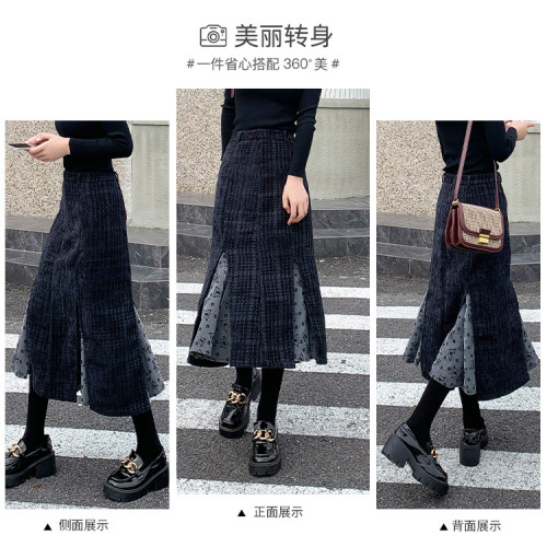 半身裙女魚尾裙中長款高級ins秋冬新款設計感拼接高腰紋格A字裙子 半身裙女魚尾裙中長款高級ins秋冬新款設計感拼接高腰紋格A字裙子