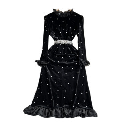 秋冬韓版名媛氣質喇叭長袖鑲鑽立領收腰顯瘦中長款a字絲絨連衣裙