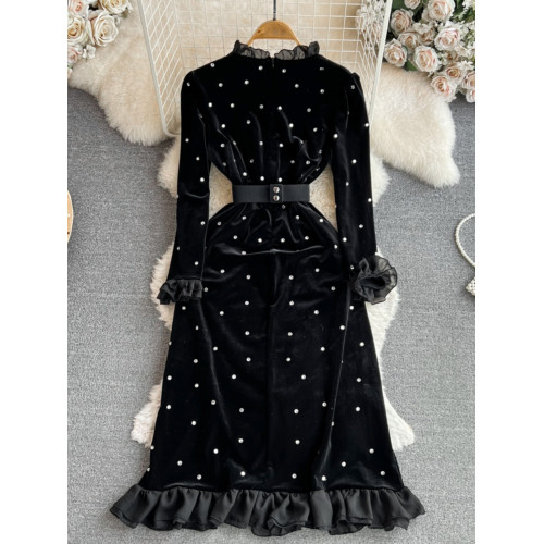 秋冬韓版名媛氣質喇叭長袖鑲鑽立領收腰顯瘦中長款a字絲絨連衣裙