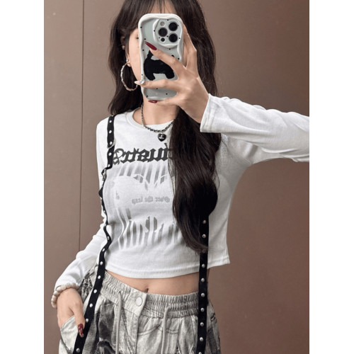 美式飄帶長袖T恤女秋季2025歐貨小衫爆款緊身短款打底衫辣妹上衣 美式飄帶長袖T恤女秋季2025歐貨小衫爆款緊身短款打底衫辣妹上衣