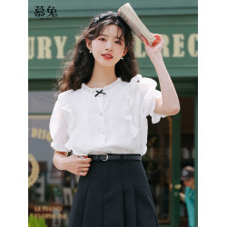 慕兔法式氣質雪紡襯衫女2025夏季新款設計感小衆荷葉邊泡泡袖上衣