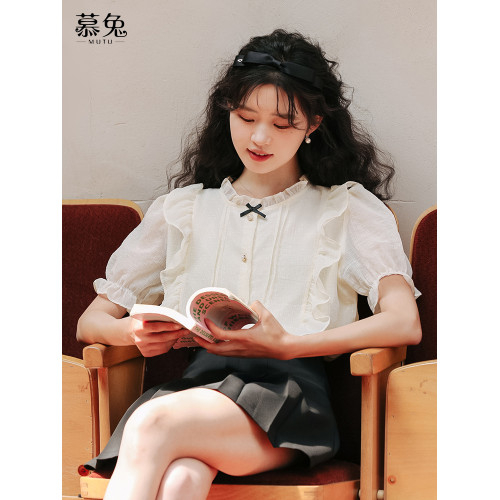慕兔法式氣質雪紡襯衫女2025夏季新款設計感小衆荷葉邊泡泡袖上衣