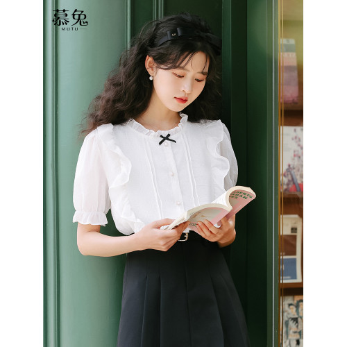 慕兔法式氣質雪紡襯衫女2025夏季新款設計感小衆荷葉邊泡泡袖上衣