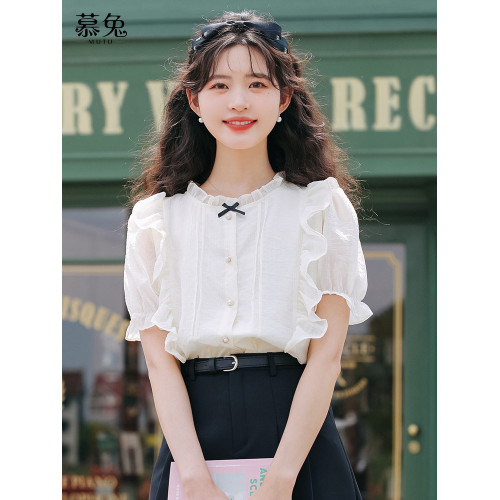 慕兔法式氣質雪紡襯衫女2026夏季新款設計感小衆荷葉邊泡泡袖上衣