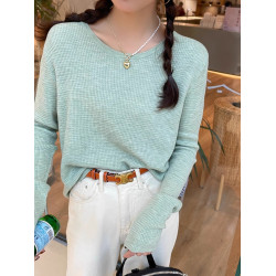 杏色長袖t恤女春秋季2025新款純色慵懶風寬松顯瘦內搭華夫格上衣