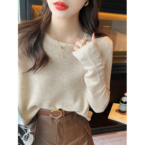 杏色長袖t恤女春秋季2025新款純色慵懶風寬松顯瘦內搭華夫格上衣 杏色長袖t恤女春秋季2025新款純色慵懶風寬松顯瘦內搭華夫格上衣