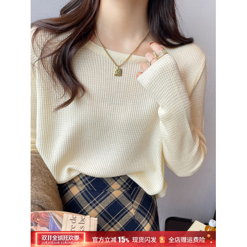 杏色長袖t恤女春秋季2025新款純色慵懶風寬松顯瘦內搭華夫格上衣 杏色長袖t恤女春秋季2025新款純色慵懶風寬松顯瘦內搭華夫格上衣