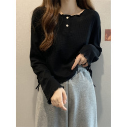 韓版圓領不規則系帶長袖T恤女2024新款早秋大碼胖mm小衆別致上衣