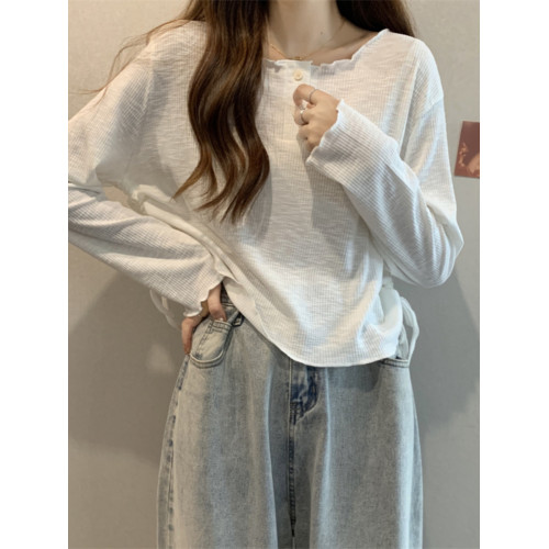 韓版圓領不規則系帶長袖T恤女2024新款早秋大碼胖mm小衆別致上衣 韓版圓領不規則系帶長袖T恤女2024新款早秋大碼胖mm小衆別致上衣