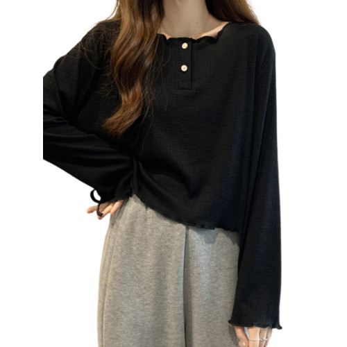 韓版圓領不規則系帶長袖T恤女2024新款早秋大碼胖mm小衆別致上衣 韓版圓領不規則系帶長袖T恤女2024新款早秋大碼胖mm小衆別致上衣