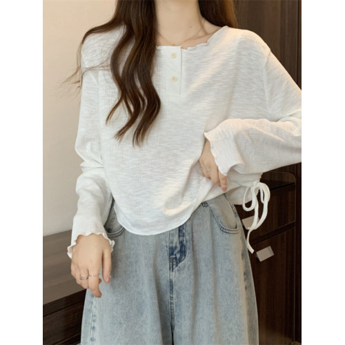 韓版圓領不規則系帶長袖T恤女2024新款早秋大碼胖mm小衆別致上衣 韓版圓領不規則系帶長袖T恤女2024新款早秋大碼胖mm小衆別致上衣