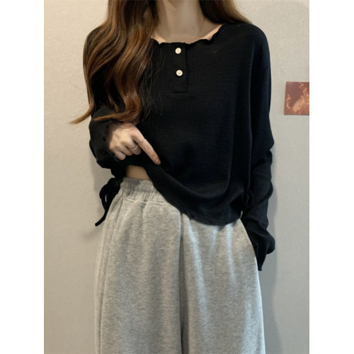 韓版圓領不規則系帶長袖T恤女2024新款早秋大碼胖mm小衆別致上衣 韓版圓領不規則系帶長袖T恤女2024新款早秋大碼胖mm小衆別致上衣