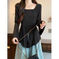 大碼微胖長袖t恤女秋季2025新款胖MM顯瘦遮肚子正肩喇叭袖上衣