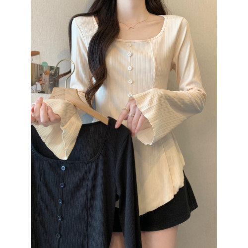 大碼微胖長袖t恤女秋季2025新款胖MM顯瘦遮肚子正肩喇叭袖上衣