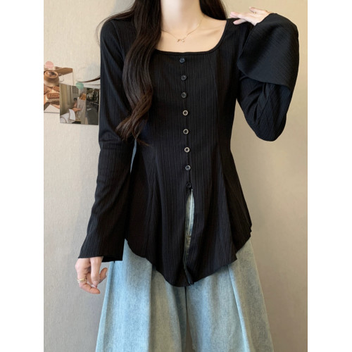 大碼微胖長袖t恤女秋季2025新款胖MM顯瘦遮肚子正肩喇叭袖上衣