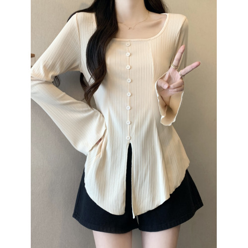 大碼微胖長袖t恤女秋季2025新款胖MM顯瘦遮肚子正肩喇叭袖上衣