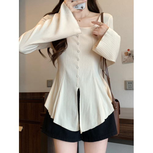 大碼微胖長袖t恤女秋季2025新款胖MM顯瘦遮肚子正肩喇叭袖上衣