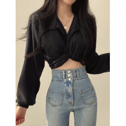 大碼胖妹妹襯衣女春秋設計感小衆系帶蝴蝶結高腰顯瘦短款襯衫上衣