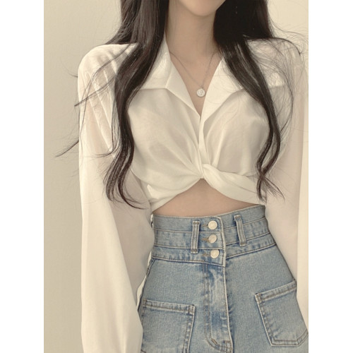 大碼胖妹妹襯衣女春秋設計感小衆系帶蝴蝶結高腰顯瘦短款襯衫上衣 大碼胖妹妹襯衣女春秋設計感小衆系帶蝴蝶結高腰顯瘦短款襯衫上衣