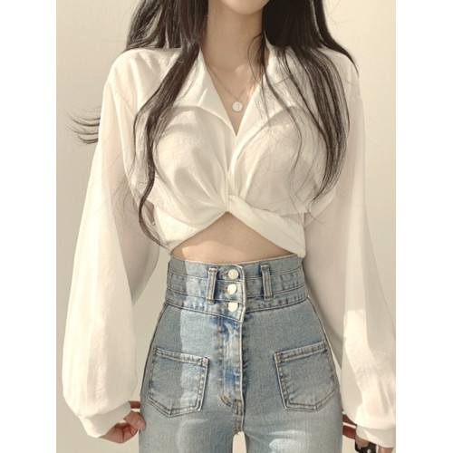 大碼胖妹妹襯衣女春秋設計感小衆系帶蝴蝶結高腰顯瘦短款襯衫上衣 大碼胖妹妹襯衣女春秋設計感小衆系帶蝴蝶結高腰顯瘦短款襯衫上衣