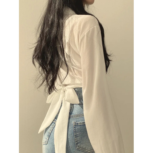 大碼胖妹妹襯衣女春秋設計感小衆系帶蝴蝶結高腰顯瘦短款襯衫上衣 大碼胖妹妹襯衣女春秋設計感小衆系帶蝴蝶結高腰顯瘦短款襯衫上衣