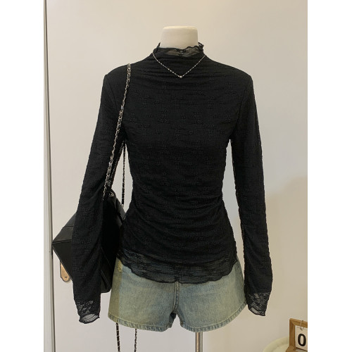 法式蕾絲加絨加厚半高領打底衫女內搭2025秋冬木耳邊長袖t恤上衣 法式蕾絲加絨加厚半高領打底衫女內搭2025秋冬木耳邊長袖t恤上衣