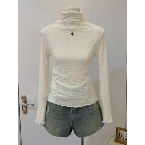 法式蕾絲加絨加厚半高領打底衫女內搭2025秋冬木耳邊長袖t恤上衣 法式蕾絲加絨加厚半高領打底衫女內搭2025秋冬木耳邊長袖t恤上衣