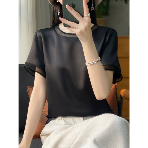 【】95%桑蠶絲5%醋酸真絲緞面網紗拼接短袖女絲綢上衣 【】95%桑蠶絲5%醋酸真絲緞面網紗拼接短袖女絲綢上衣