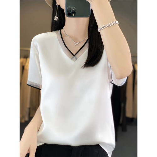 【】95%桑蠶絲5%醋酸真絲緞面網紗拼接短袖女絲綢上衣 【】95%桑蠶絲5%醋酸真絲緞面網紗拼接短袖女絲綢上衣