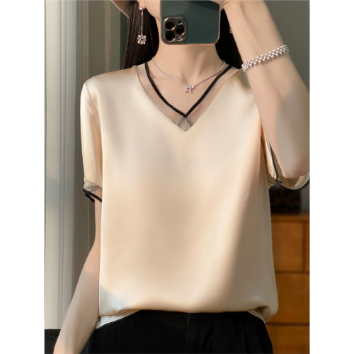 【】95%桑蠶絲5%醋酸真絲緞面網紗拼接短袖女絲綢上衣 【】95%桑蠶絲5%醋酸真絲緞面網紗拼接短袖女絲綢上衣