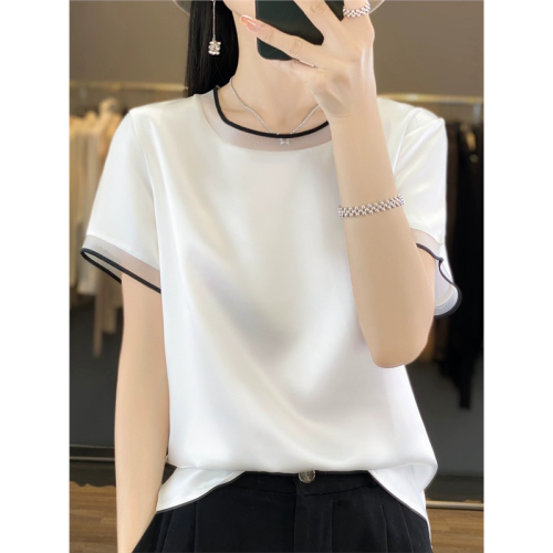 【】95%桑蠶絲5%醋酸真絲緞面網紗拼接短袖女絲綢上衣 【】95%桑蠶絲5%醋酸真絲緞面網紗拼接短袖女絲綢上衣