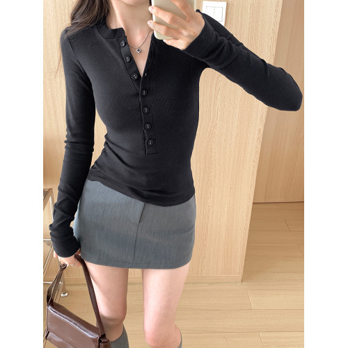 亨利領藏藍色加絨長袖內搭打底衫女秋冬修身緊身chic好看穿搭上衣