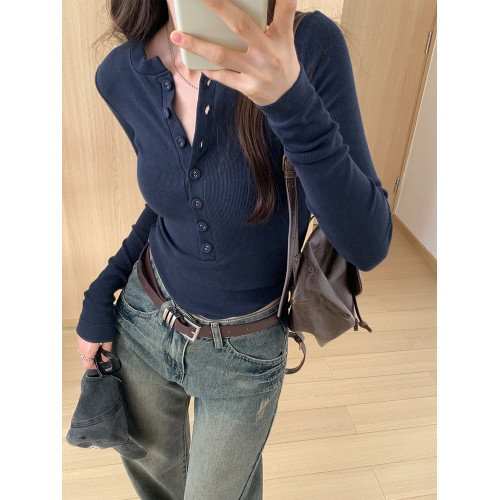 亨利領藏藍色加絨長袖內搭打底衫女秋冬修身緊身chic好看穿搭上衣