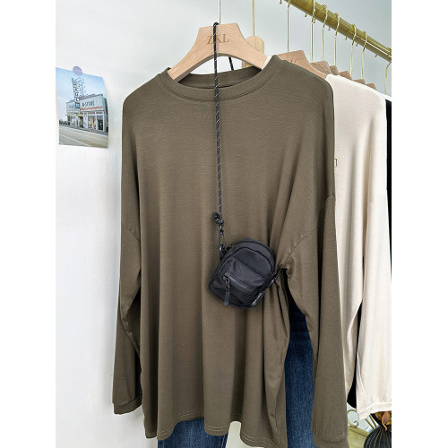 簡約寬松大版彈力圓領長袖體恤淨色早秋長袖日常防曬打底上衣女潮