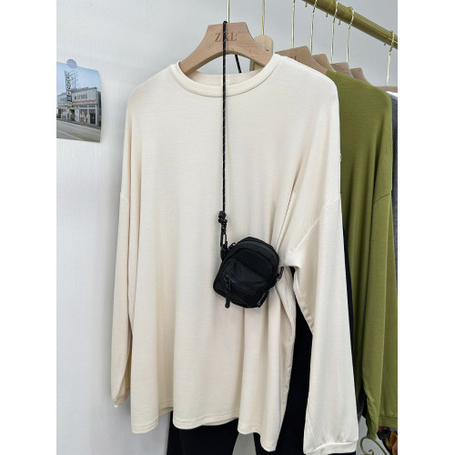 簡約寬松大版彈力圓領長袖體恤淨色早秋長袖日常防曬打底上衣女潮