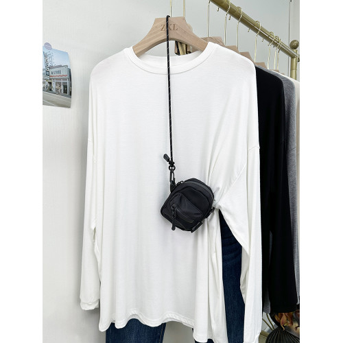 簡約寬松大版彈力圓領長袖體恤淨色早秋長袖日常防曬打底上衣女潮