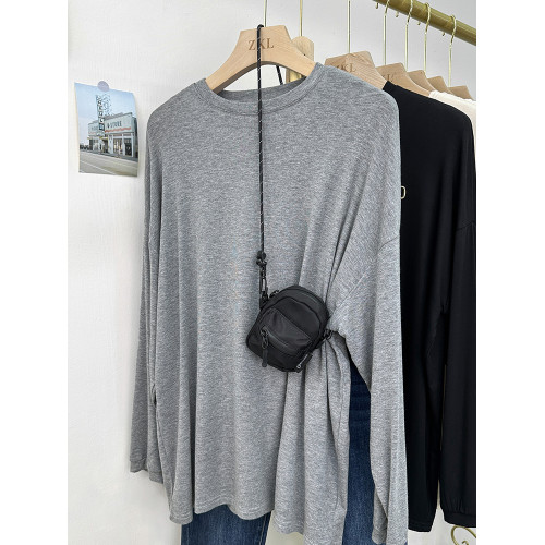 簡約寬松大版彈力圓領長袖體恤淨色早秋長袖日常防曬打底上衣女潮