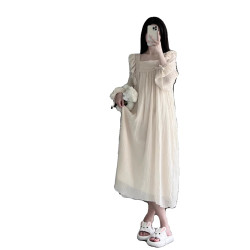 棉麻長袖睡裙睡衣女春秋季新款公主風中長款裙子復古蕾絲家居服夏