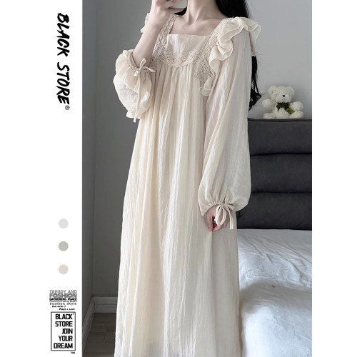 棉麻長袖睡裙睡衣女春秋季新款公主風中長款裙子復古蕾絲家居服夏