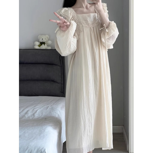 棉麻長袖睡裙睡衣女春秋季新款公主風中長款裙子復古蕾絲家居服夏