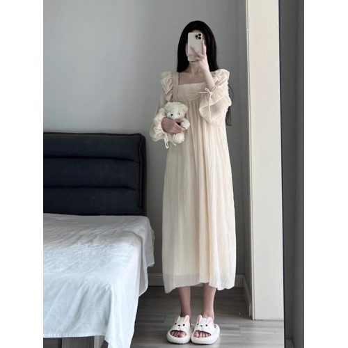 棉麻長袖睡裙睡衣女春秋季新款公主風中長款裙子復古蕾絲家居服夏