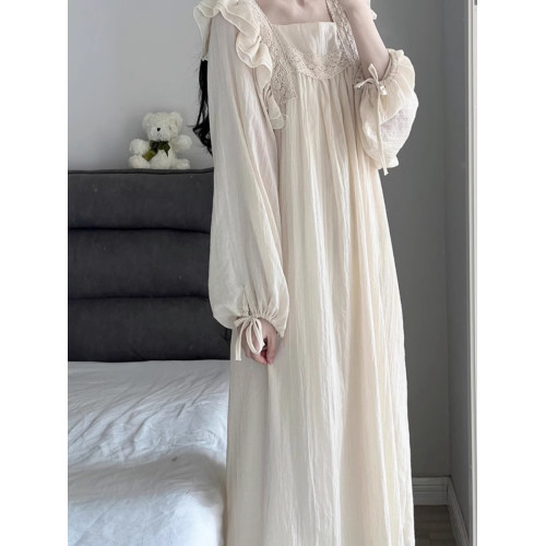 棉麻長袖睡裙睡衣女春秋季新款公主風中長款裙子復古蕾絲家居服夏